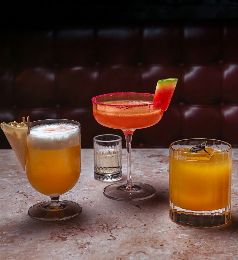 Three cocktails: Empire Sour, Bear Garden Breeze and Regent's Rush