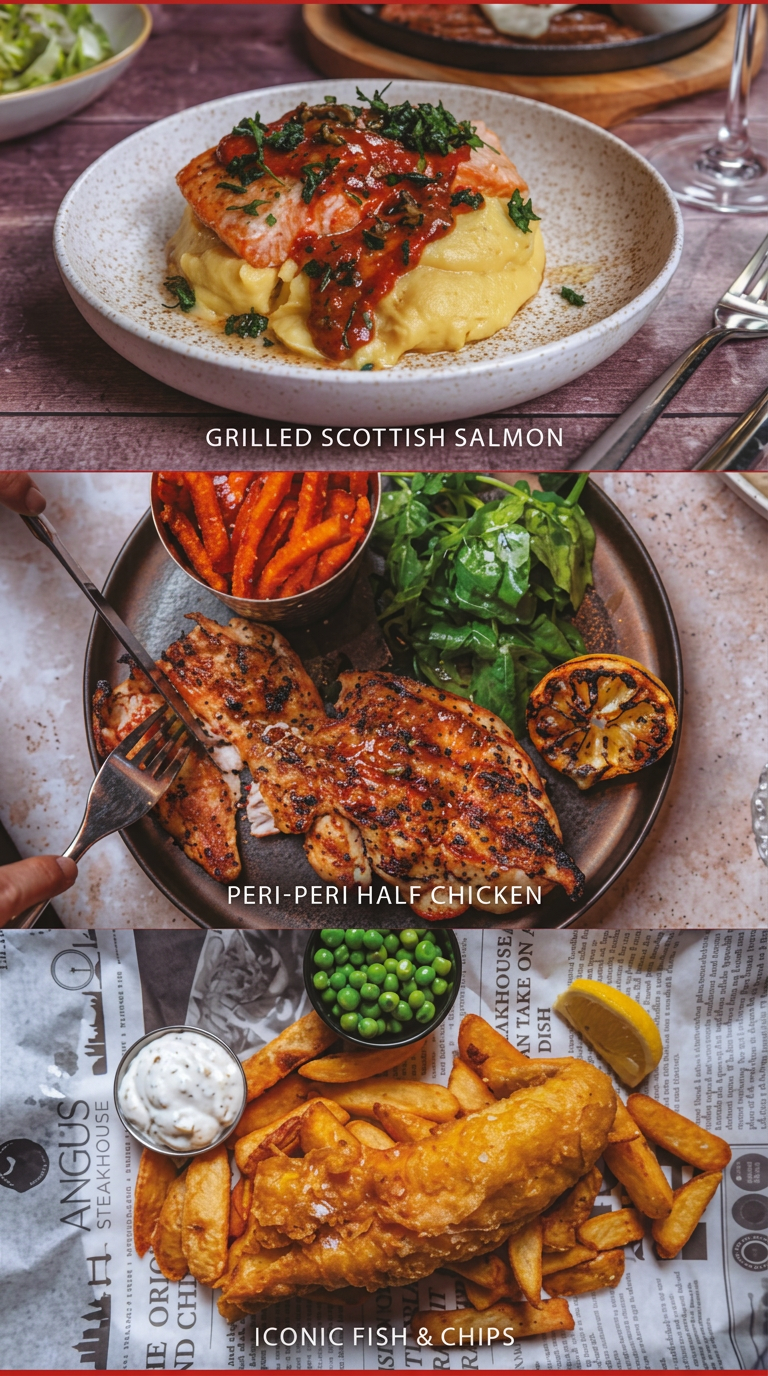 Grilled Scottish Salmon, Peri-Peri Half Chicken, Iconic Fish & Chips
