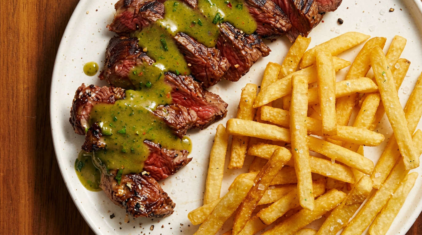 Entrecôte 8oz — served sliced with herby green sauce and fries